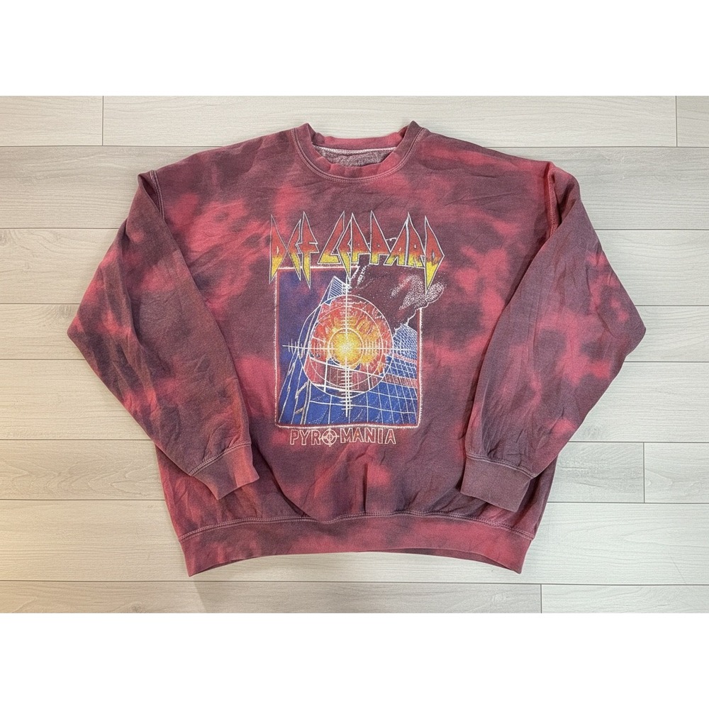 Womens S Oversized DefLeppard Pyromania Graphic Sweatshirt Acid Wash RedBurgundy